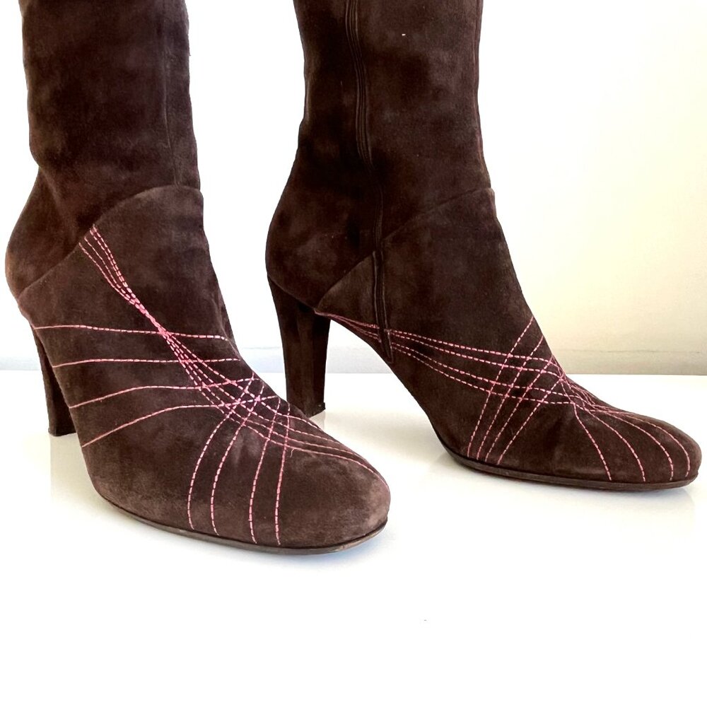 Nancy Nancy Brown Suede Leather Knee High Boots Made in Italy Women's 39 - Picture 2 of 16